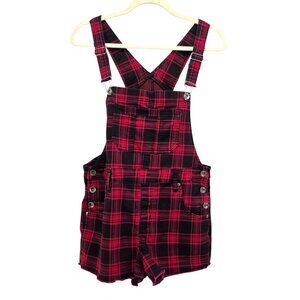 Hot Topic HT Denim Shortall Womens Medium Overalls Bibs Plaid Red Black Raw Hem